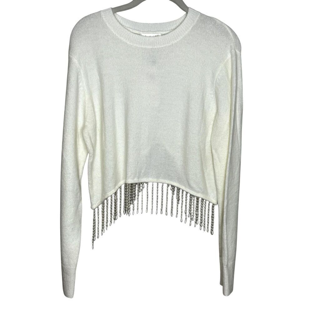 Line & Dot Sweater Womens Small White Beaded Fringe Hem Crewneck Cropped LT4434L
